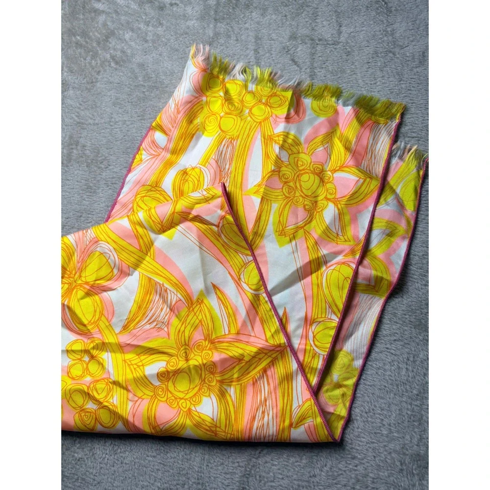 Vintage 60s 70s Psychedelic Floral Rayon Oblong Scarf Yellow Pink Mod USA Made